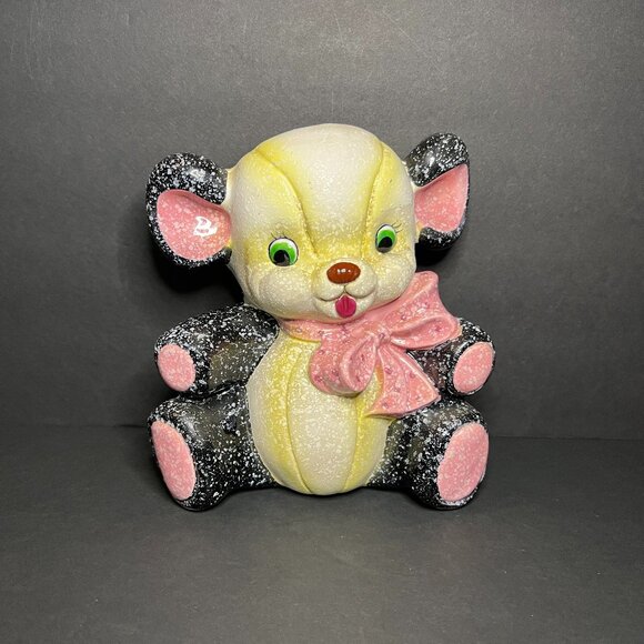 Vintage MCM 1950s Napco Black Pink & Yellow Speckled Ceramic Teddy Bear Planter - Picture 1 of 10